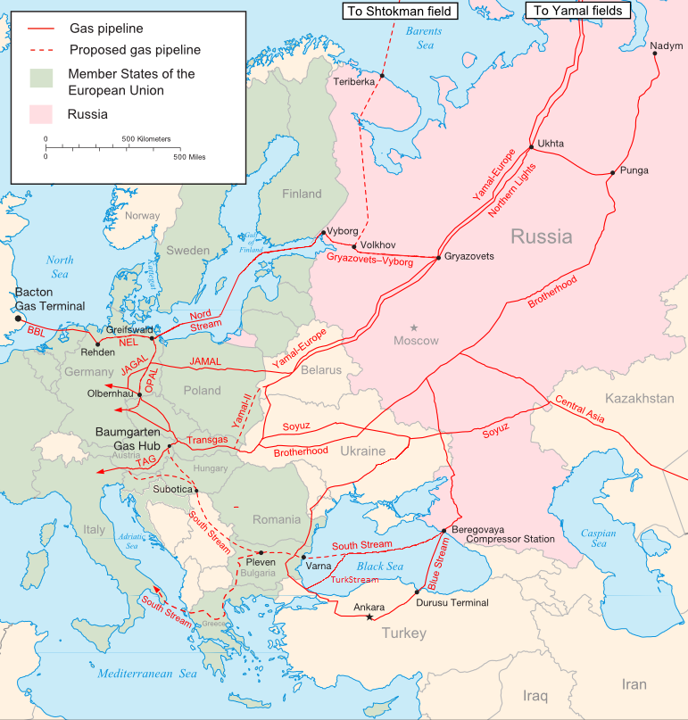 Die größten Pipelines, die Erdgas aus Russland in die EU transportieren (Stand: November 2009)