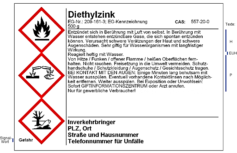 Gefahrstoffetikett für Diethylzink gemäß GHS